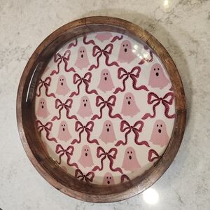 Round Wooden Tray with Ghost and Bow Design